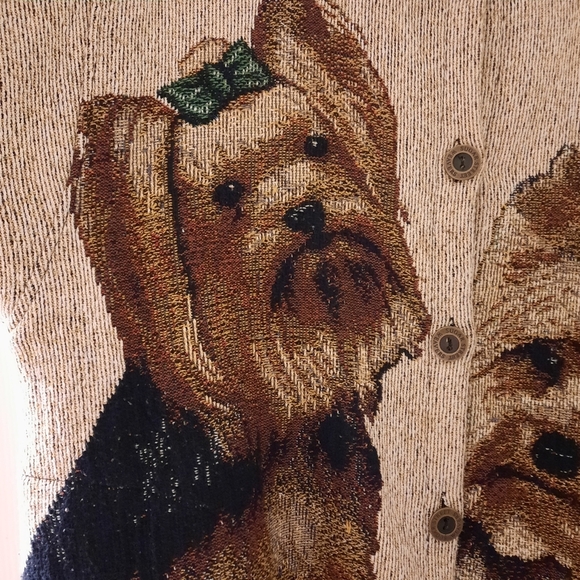 Vtg SUGAR STREET WEAVER Yorkshire Terrier Tapestry Jacket Cardigan Dogs Cottage - Picture 9 of 16